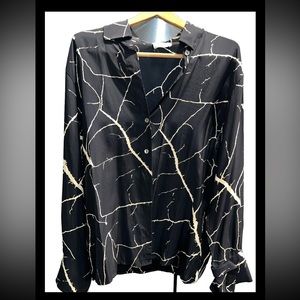 Margon SILK Black crackled button Blouse Italy made Long Sleeves office SIREN 44
